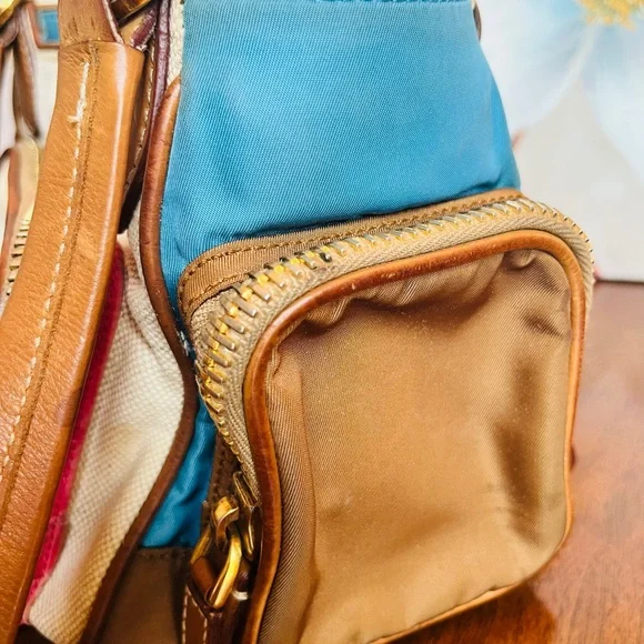 Prada Vintage Beige Mixed Material Multicolor Bag w/Leather Trim & Teal Interior - Picture 10 of 17
